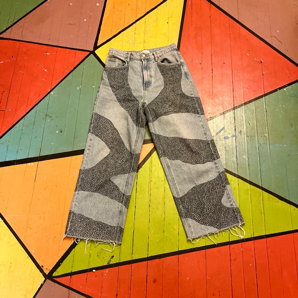 Custom geometric patterned jeans crop wide leg size 27